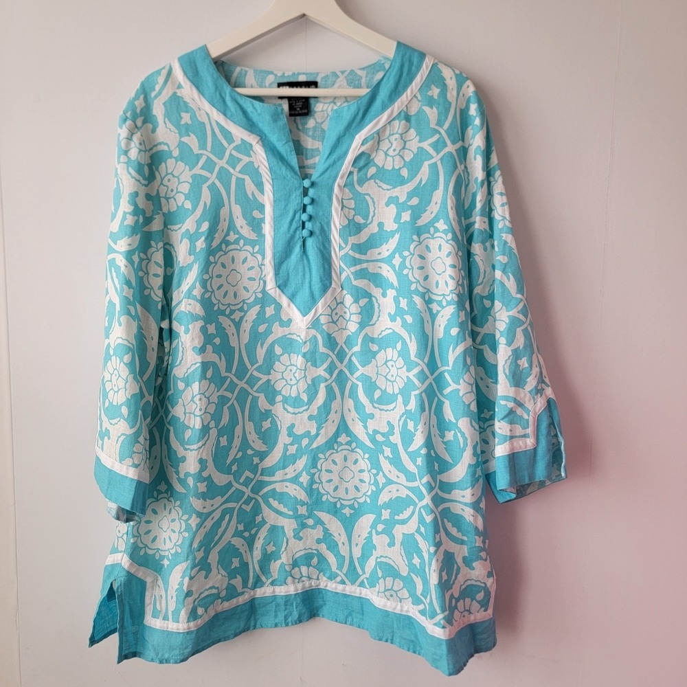 Carole little women's 100% Linen Tunic Top sz 1X floral 3/4 sleeve beachy costal